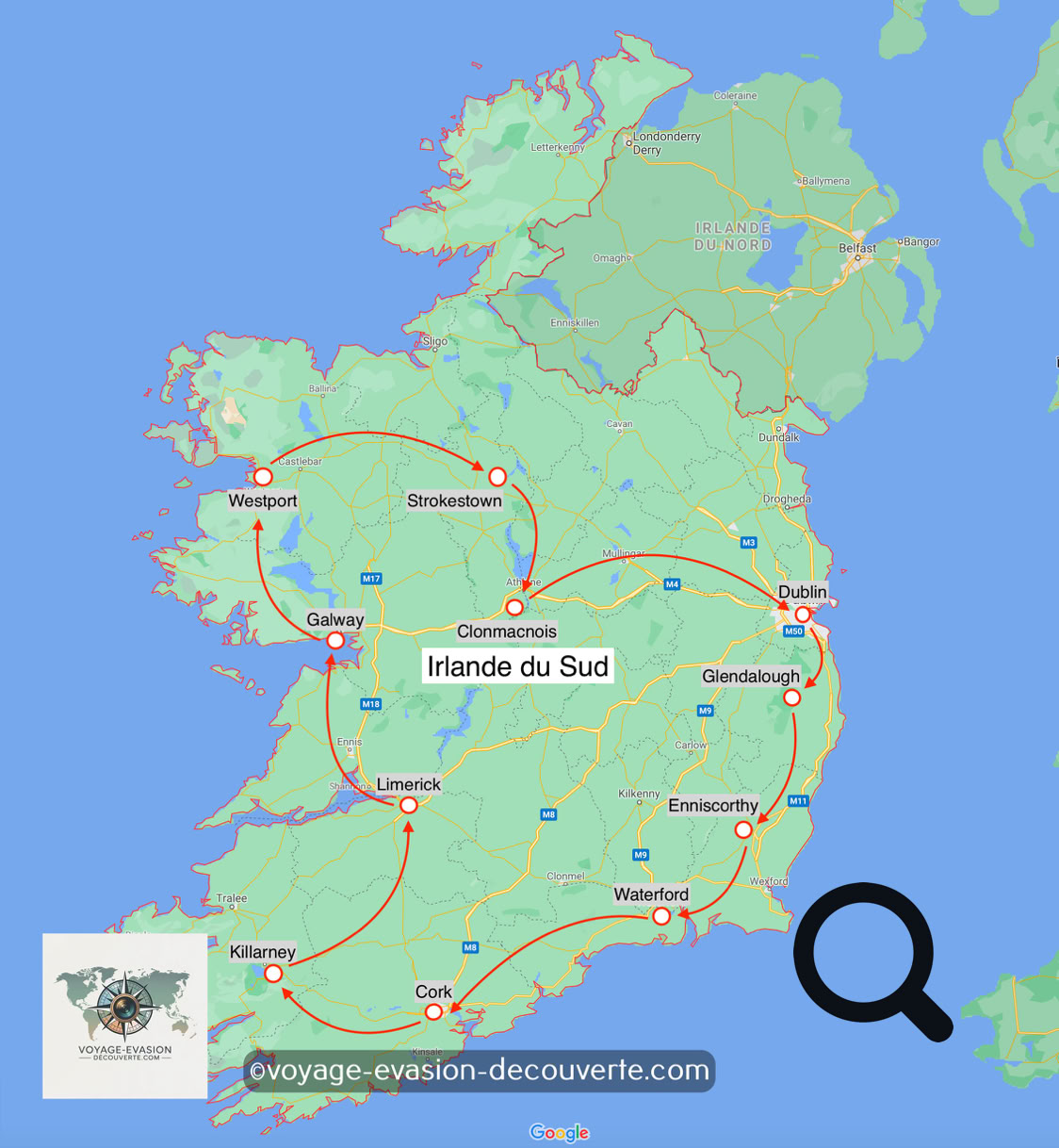 Carte de notre road trip en Irlande du Sud