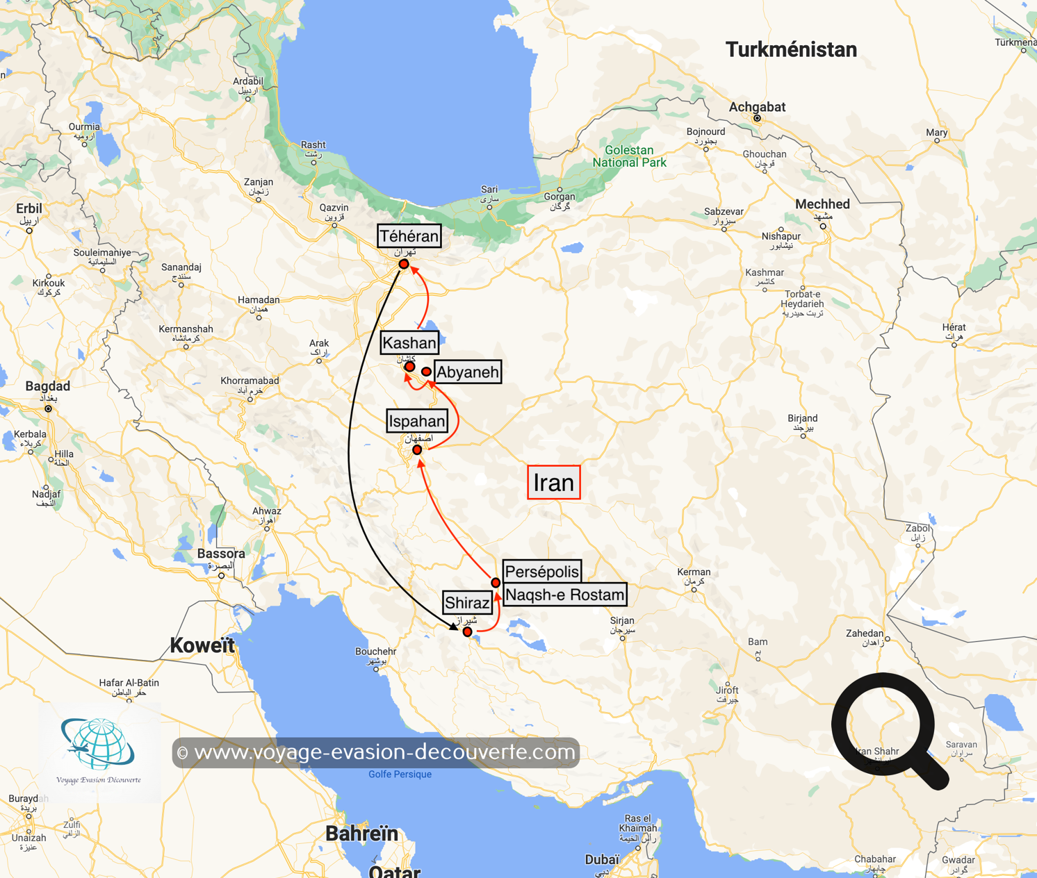 Carte de notre périple de 10 jours en Iran