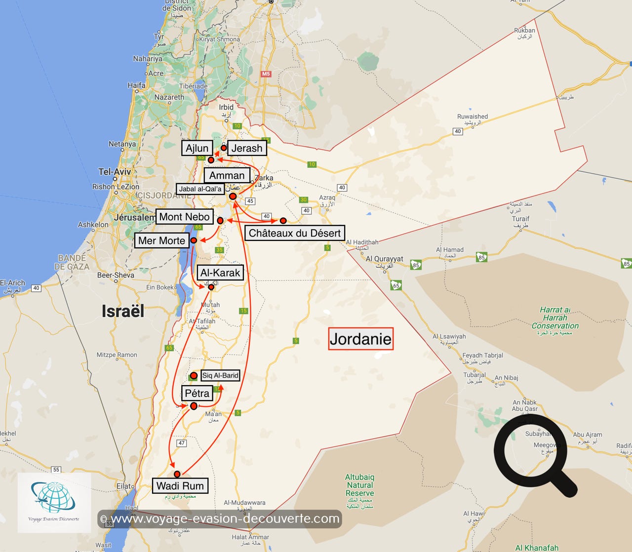 Carte de notre périple en Jordanie