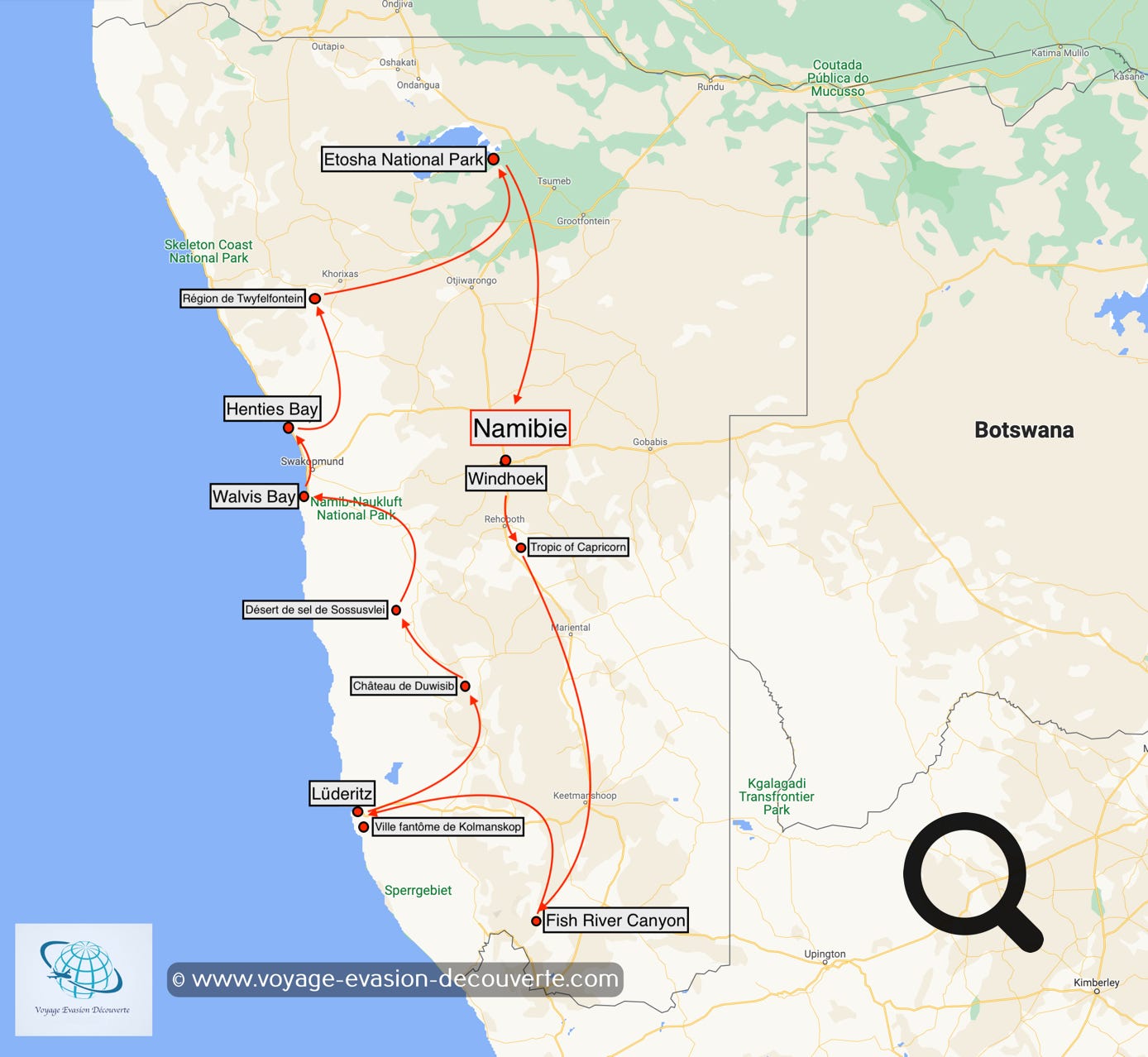 Carte de notre road trip de 15 jours en Namibie