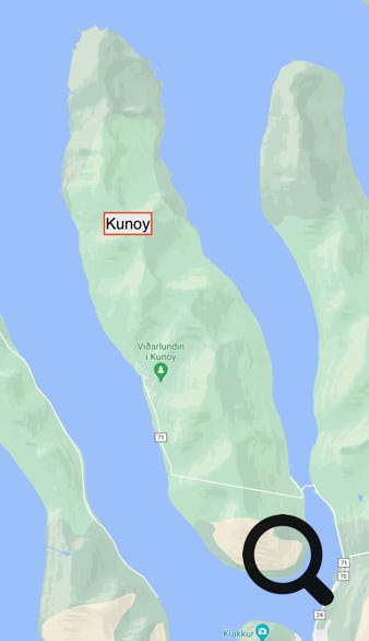 Cette île d'une superficie de 35,5 km² n'a qu'un seul village habité, le village de Kunoy avec  une centaine d'habitants. 